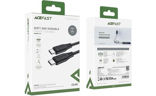ACEFAST C3-03 for iPhone 15 Series 60W High Power USB-C to USB-C TPE Charging Data Cable 1.2m - Black